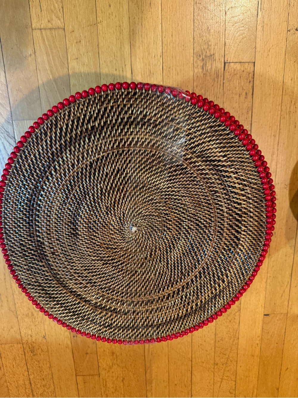 Handwoven Round Seagrass Tray with Red Bead Trim pack of 6
